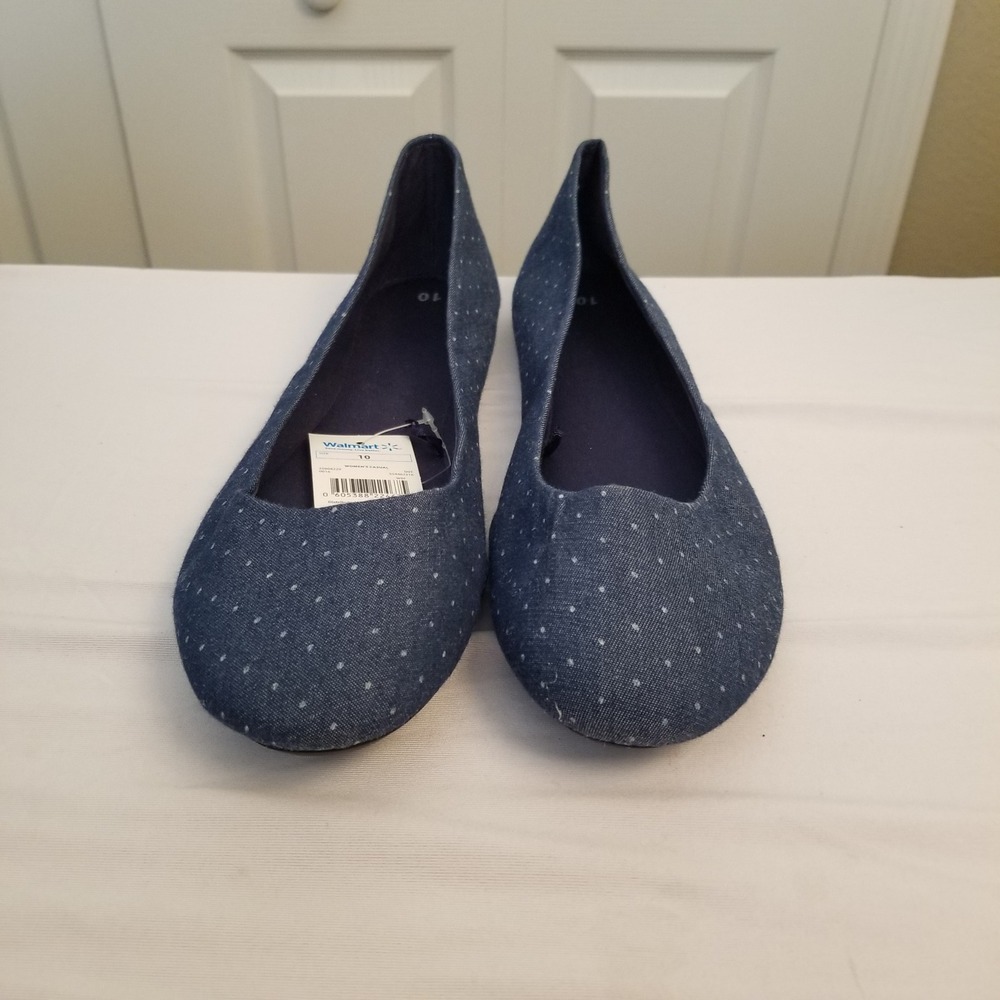 Walmart Womens Blue Denim Polka Dot Ballet Flats Round Toe Casual Shoes Size 10